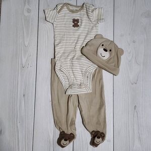 Carter's 3 Mo Beige Striped Bear Bodysuit 3 Piece Set With Hat